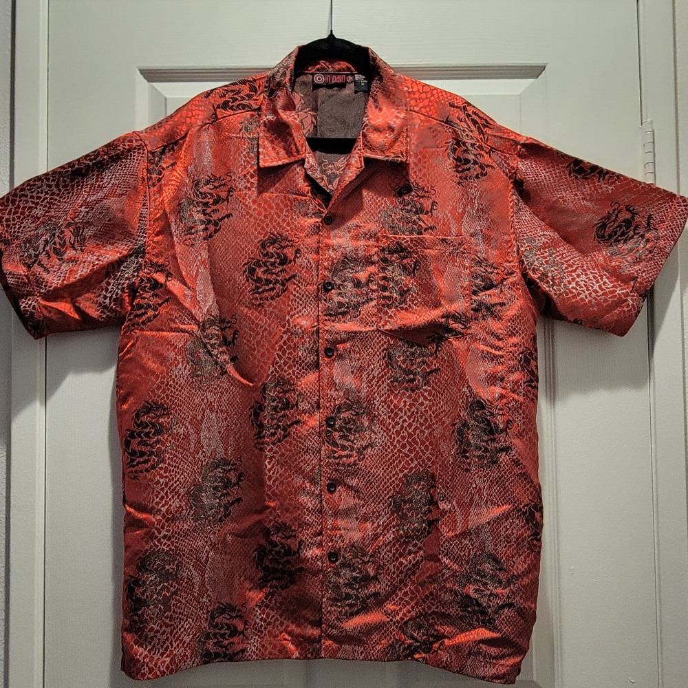 Red, Silver, and Black Casual Chinese Dragon Button Down Shirt